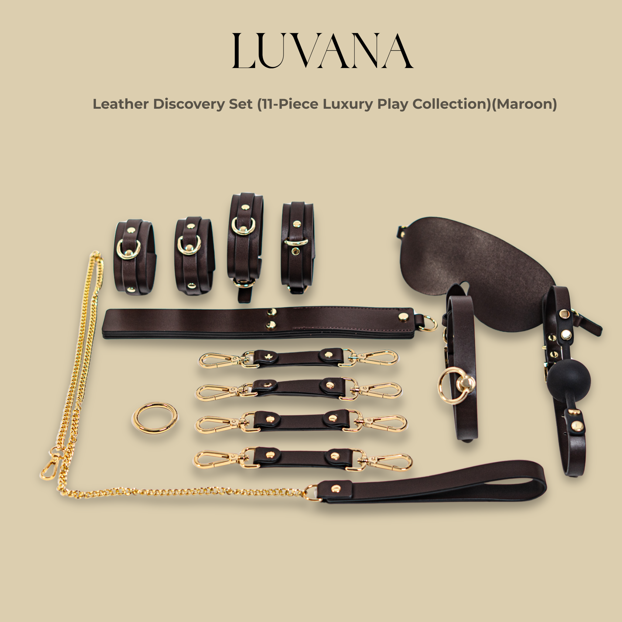 Kit de bondage Luvana - 11 piezas de cuero de grano completo