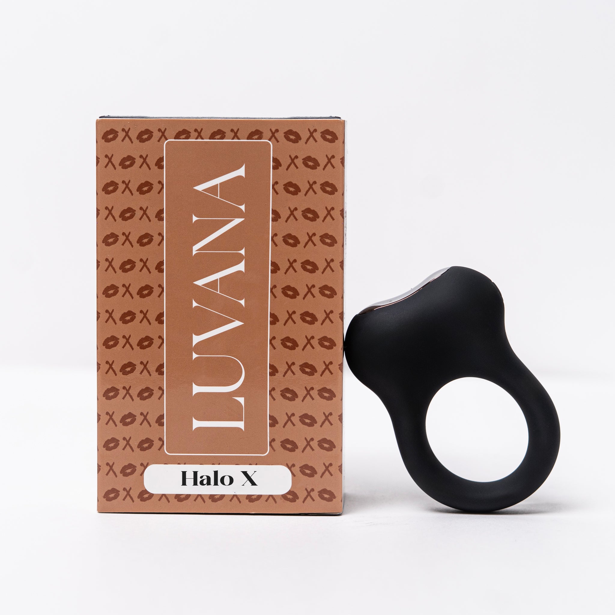 Luvana Halo X vibrating cock ring displayed beside branded Halo X packaging on a white background.