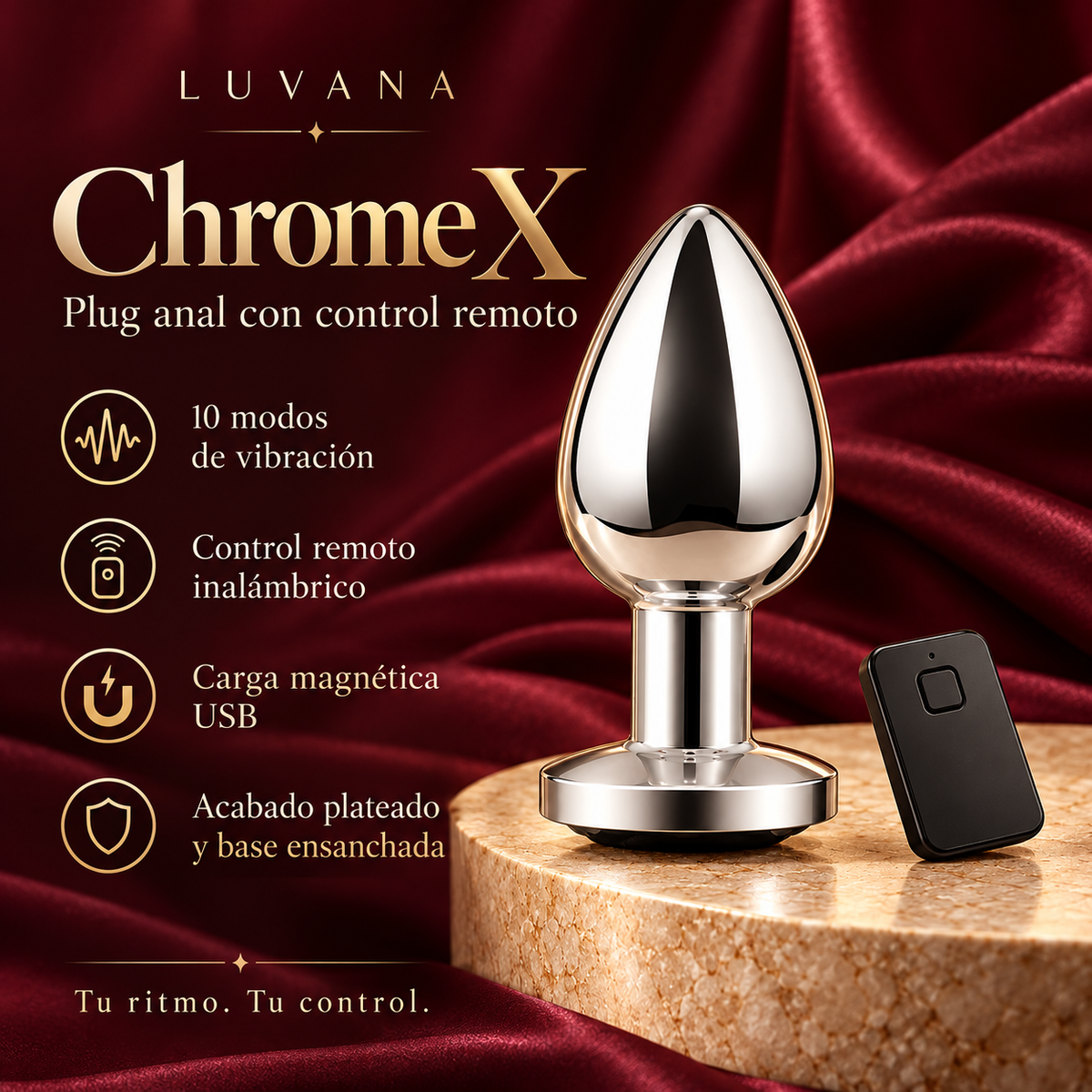 Chrome X silver vibrating anal plug and wireless remote with Spanish feature bullets: 10 vibration modes, wireless control, magnetic USB charging and flared base, on burgundy satin and champagne stone.
