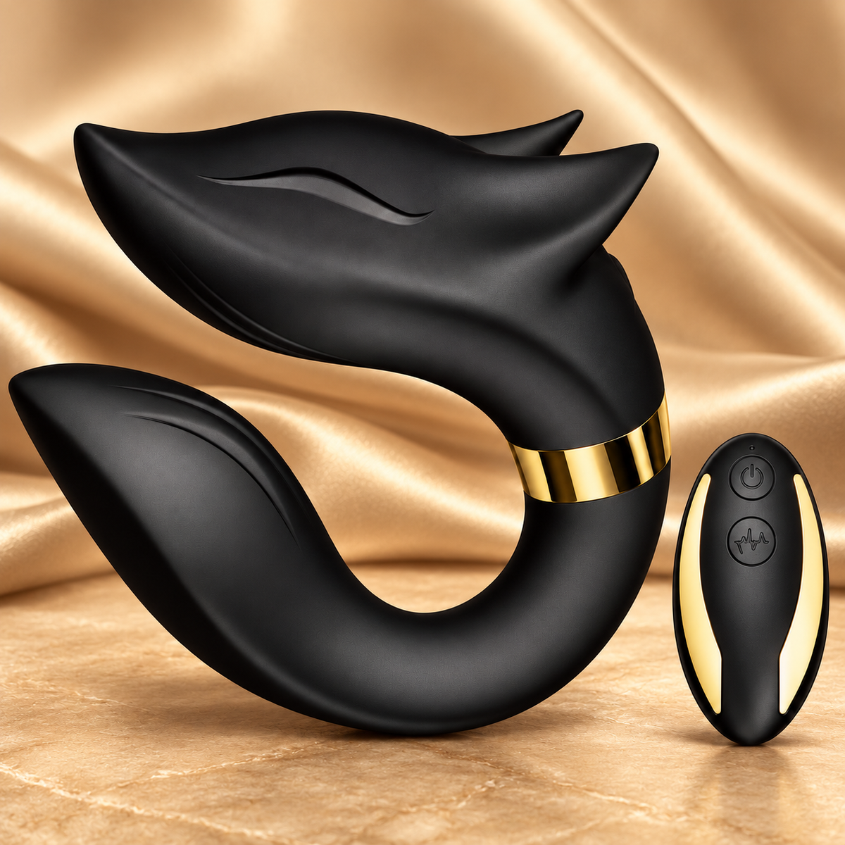 Foxy Flirt black and gold vibrator and remote on champagne satin and stone