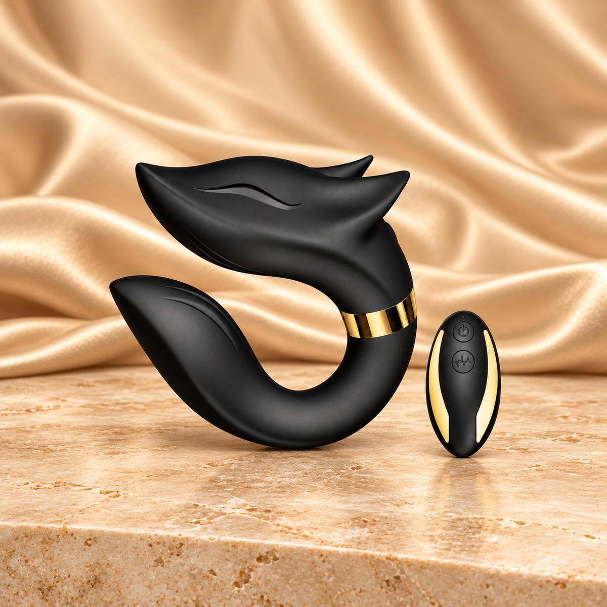 Foxy Flirt black and gold vibrator and remote with space around both products