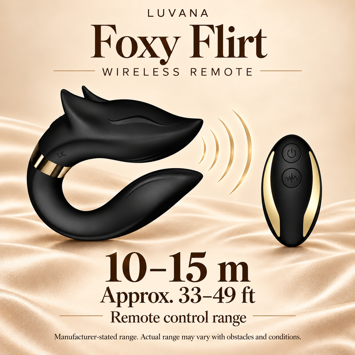 Foxy Flirt wireless remote range: manufacturer-stated 10–15 meters (33–49 feet); actual range varies.