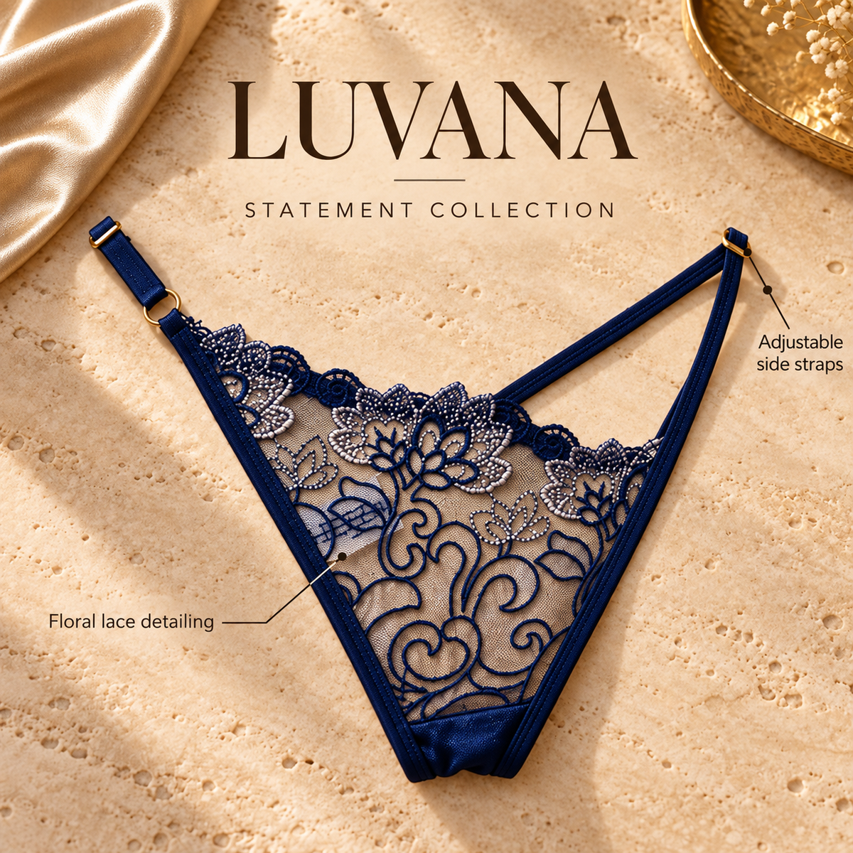 Luvana statement panties front view in navy, floral lace and adjustable straps
