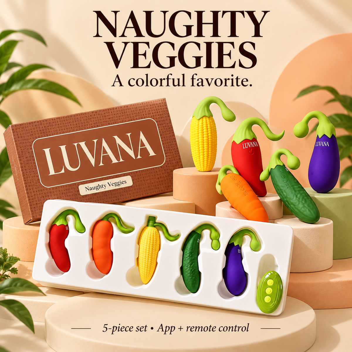 Naughty Veggies™ – 5-Piece App &amp; Remote-Control Vibrator Set