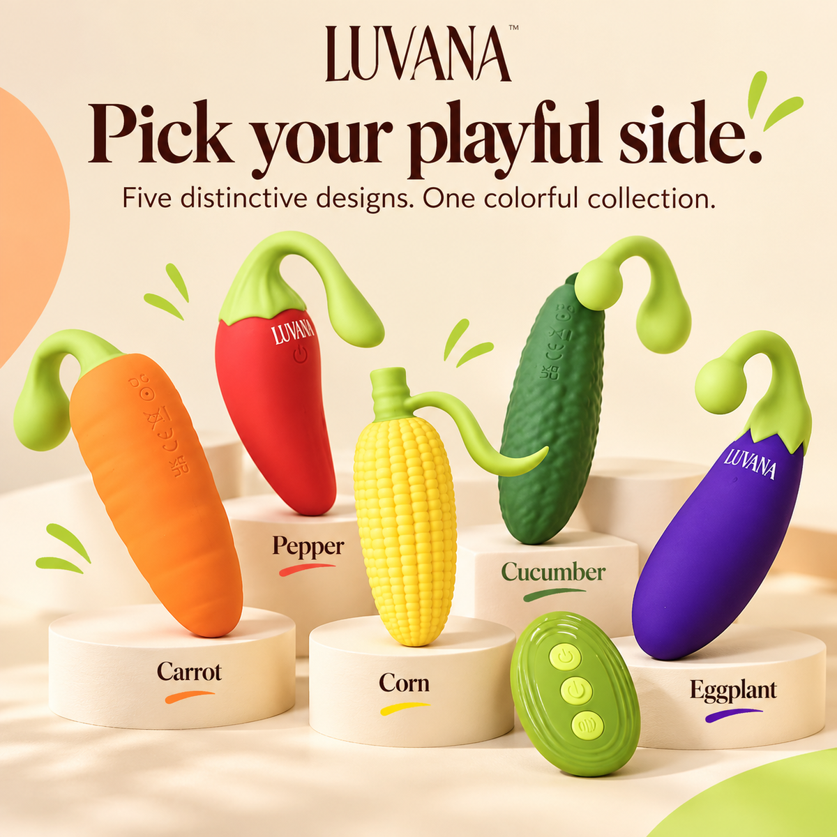 Naughty Veggies™ – 5-Piece App &amp; Remote-Control Vibrator Set