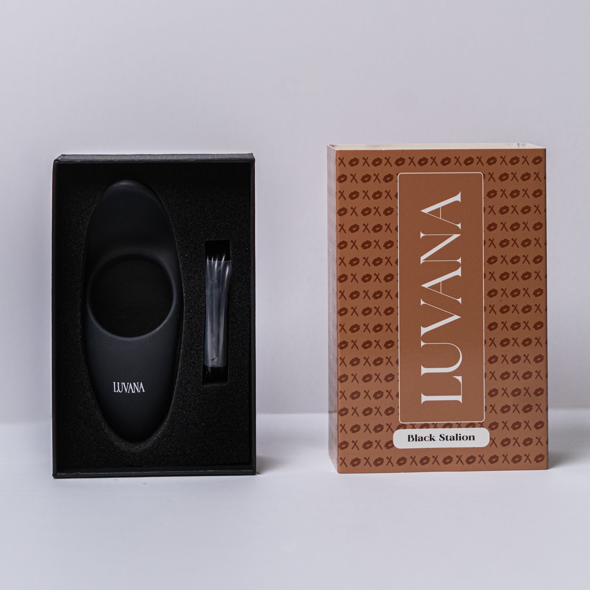 Luvana Black Stallion box and black vibrating ring for couples, waterproof silicone with water droplets, rechargeable pleasure ring.