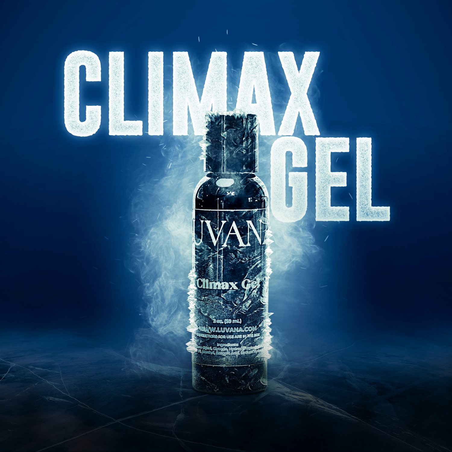 Frozen Luvana Climax Gel  Bottle stimulating clitoral gel bottle front view, external use only, made in Puerto Rico.