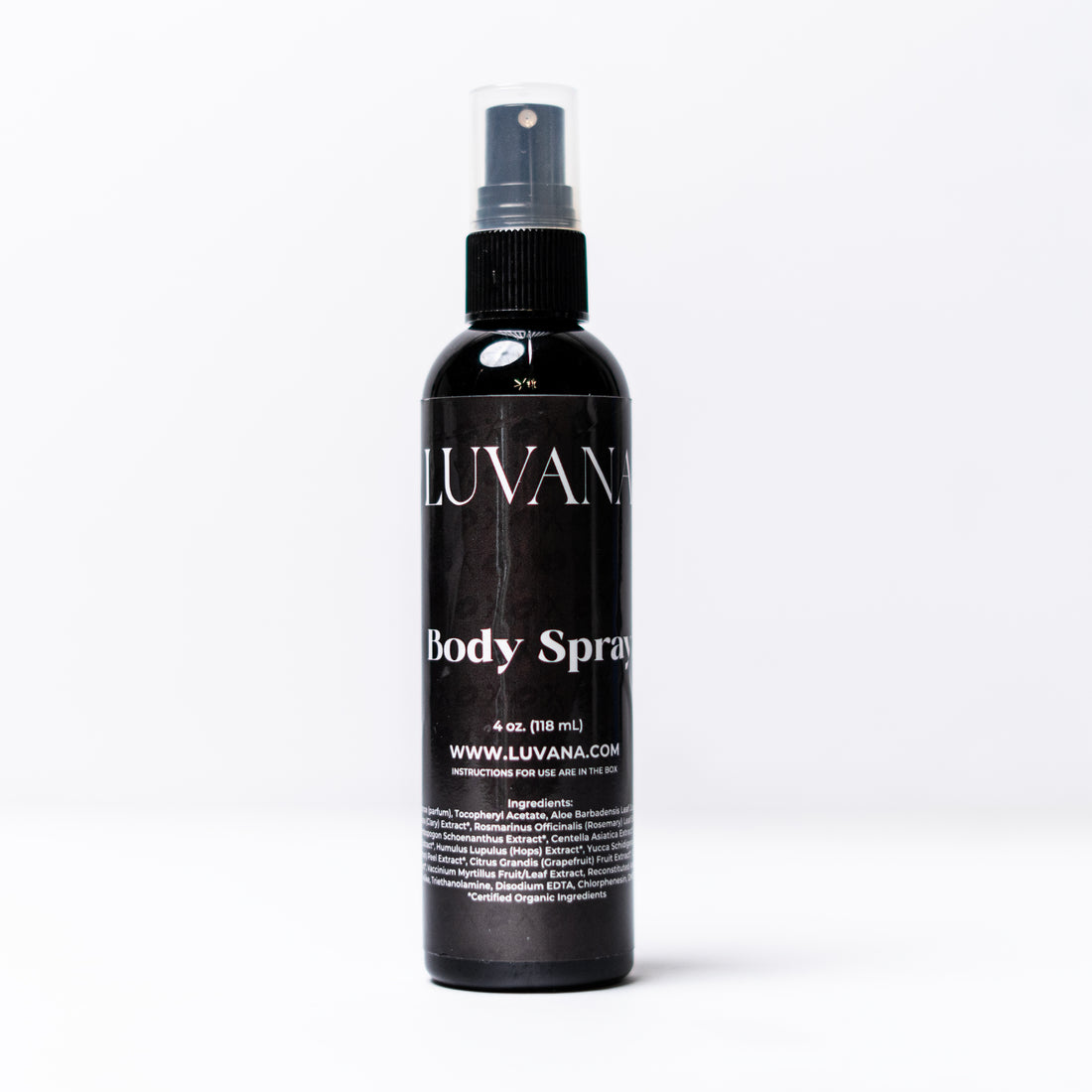 Luvana Cabernet Body Spray highlighting organic botanicals like aloe vera, chamomile, and grapefruit extract, vegan and cruelty-free.