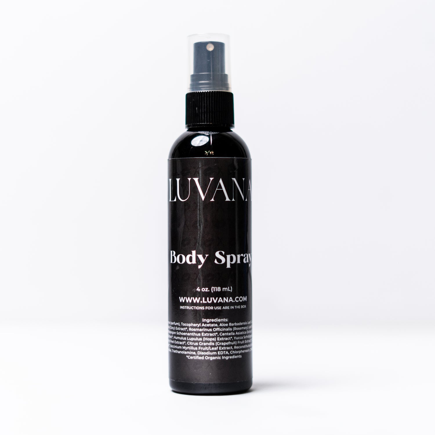 Luvana Cabernet Body Spray highlighting organic botanicals like aloe vera, chamomile, and grapefruit extract, vegan and cruelty-free.
