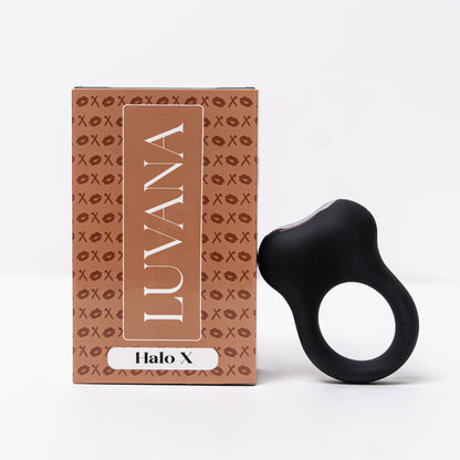 Luvana Halo X vibrating cock ring displayed beside branded Halo X packaging on a white background.