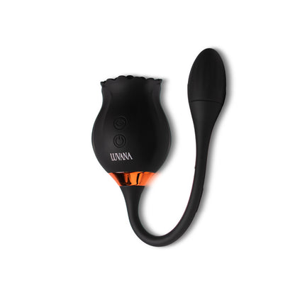 Luxury Luvana Obsidian Rose clitoral stimulator in black with red accents, elegant roses-themed product photo