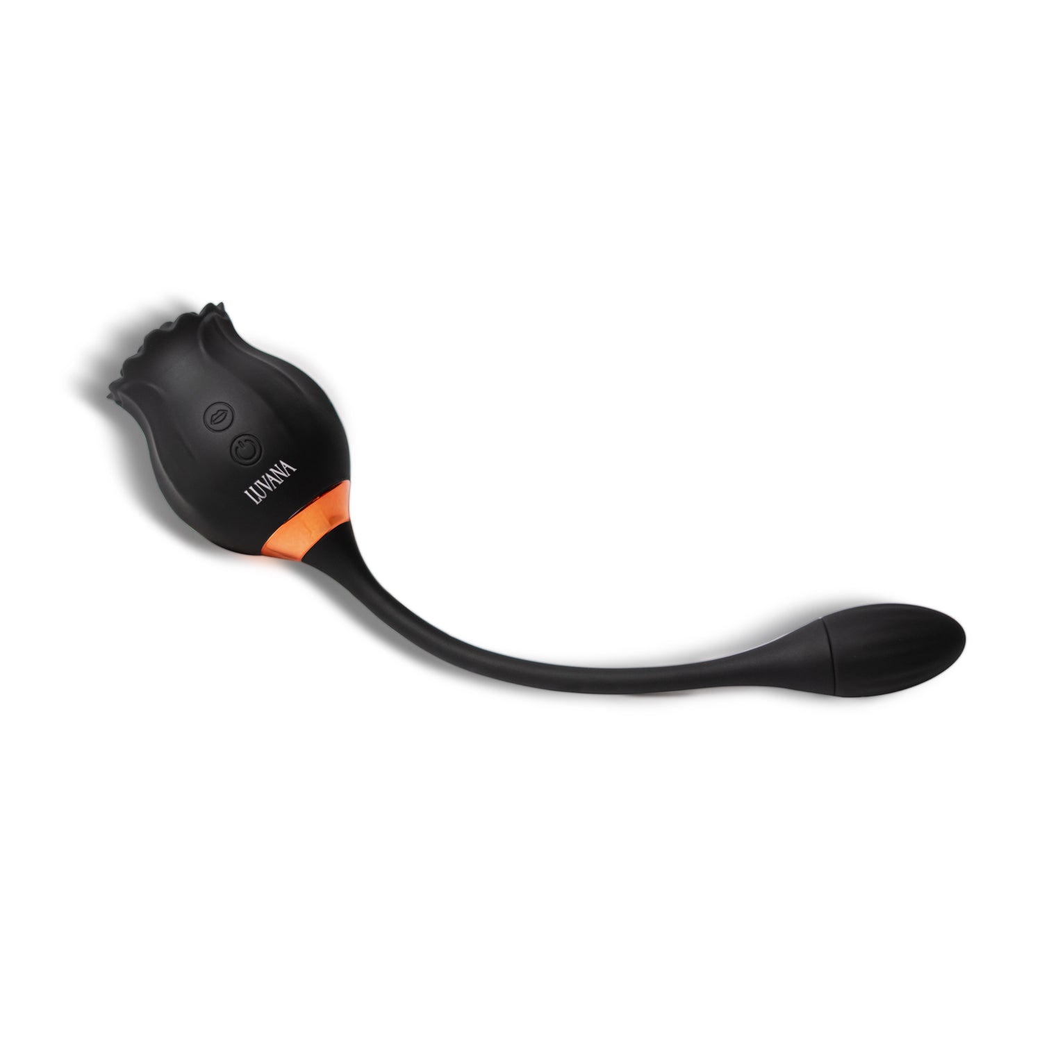 Luvana Obsidian Rose waterproof silicone rose vibrator, close-up on textured petals and buttons, romantic red styling