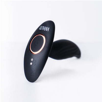 Luvana Pulse X ergonomic vibrating butt plug prostate massager, black silicone with flared base side view