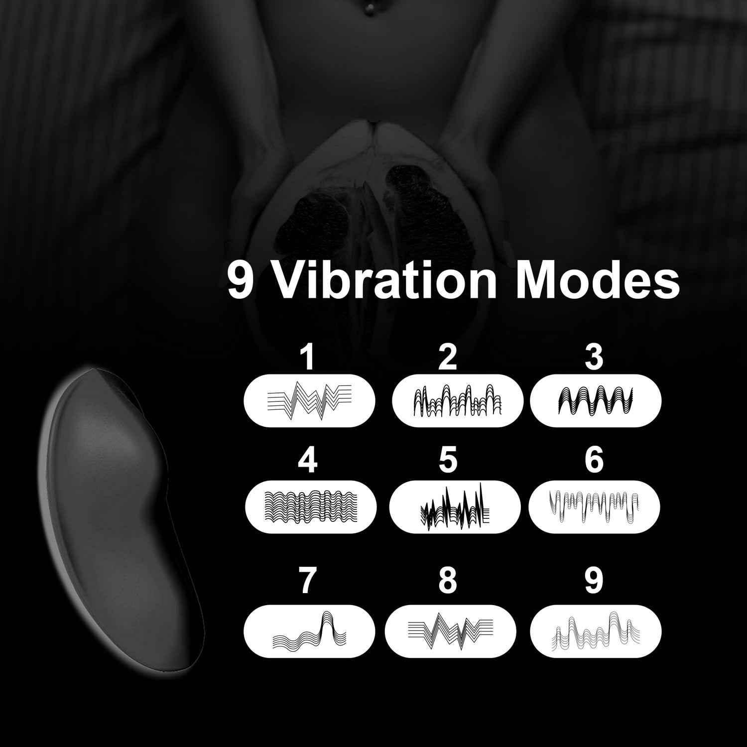 Luvana Velvet Kiss 9 vibration modes graphic showing nine pattern options for the app-controlled vibrator