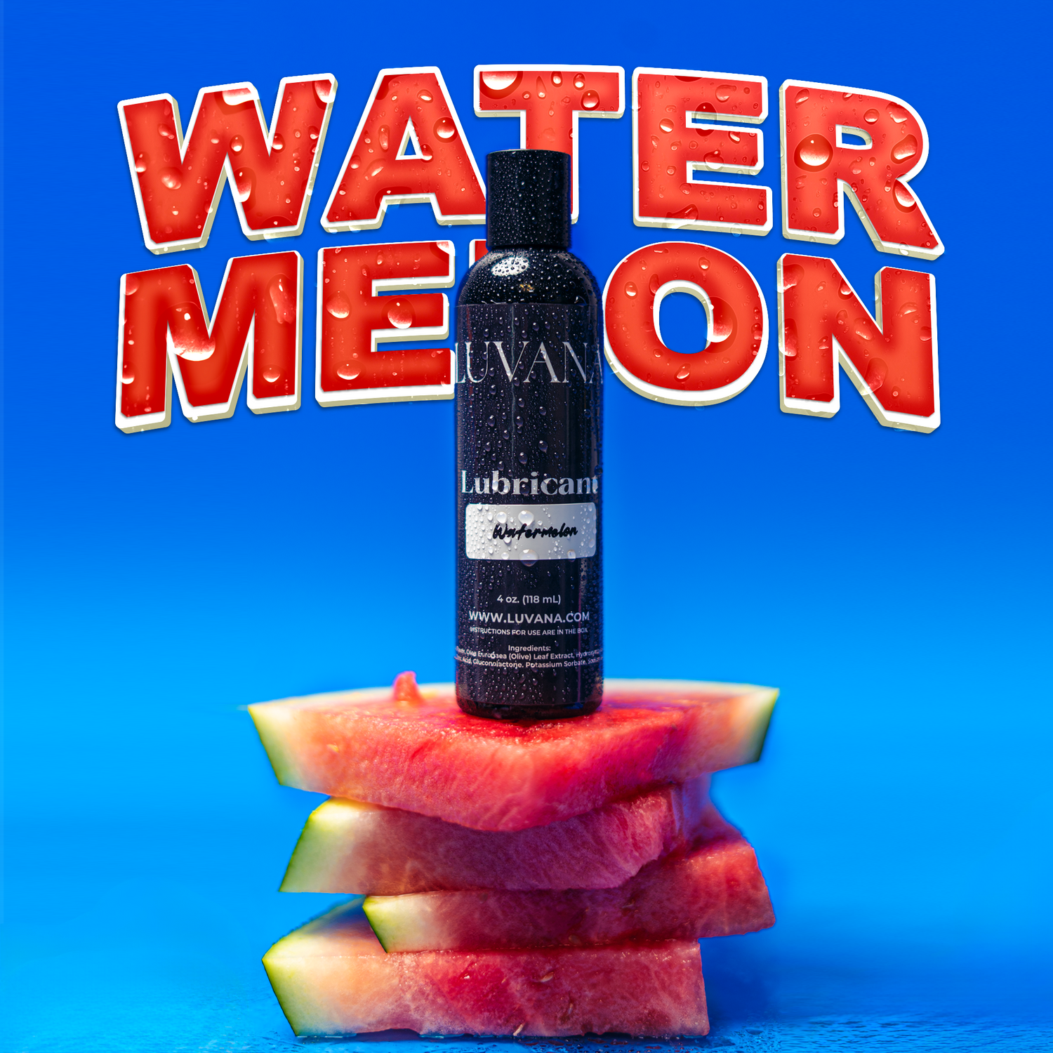 Luvana watermelon flavored edible water-based lubricant bottle on stacked watermelon slices with a blue background, 4 oz (118 mL).