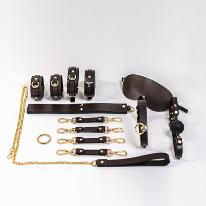 Luvana leather paddle and restraint set in maroon, premium full-grain leather finish