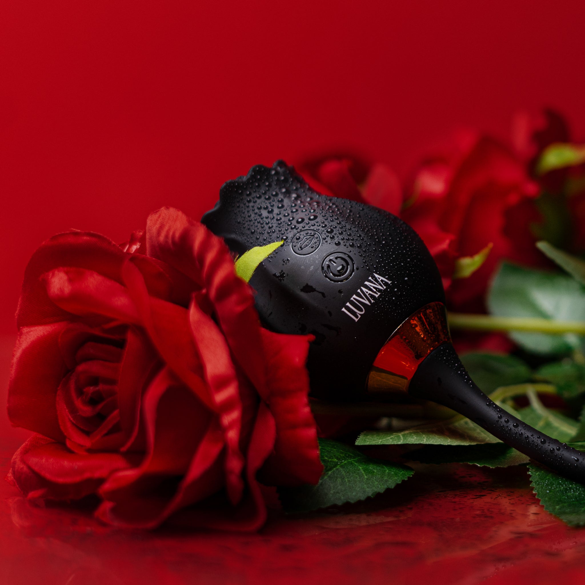 Luvana Obsidian Rose rose-shaped clitoral vibrator in black, product shot with red roses on a red background