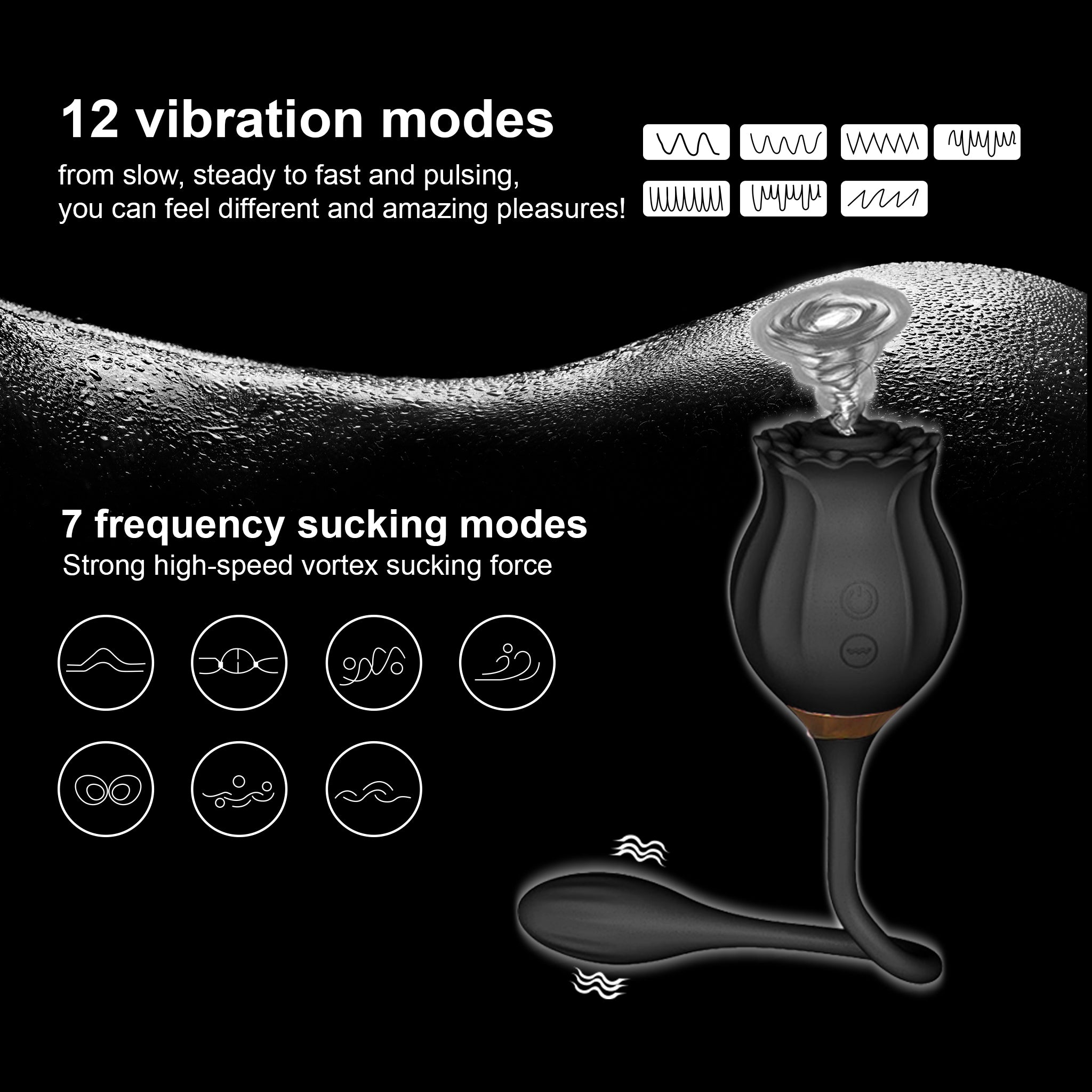 Obsidian Rose Luvana Sexual product with vibration and suction modes on a black background