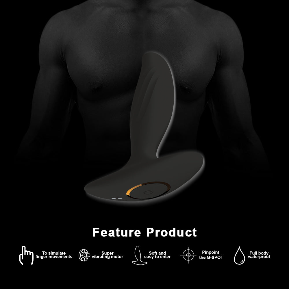 Luvana Pulse X vibrating prostate massager feature graphic, waterproof design and targeted stimulation icons