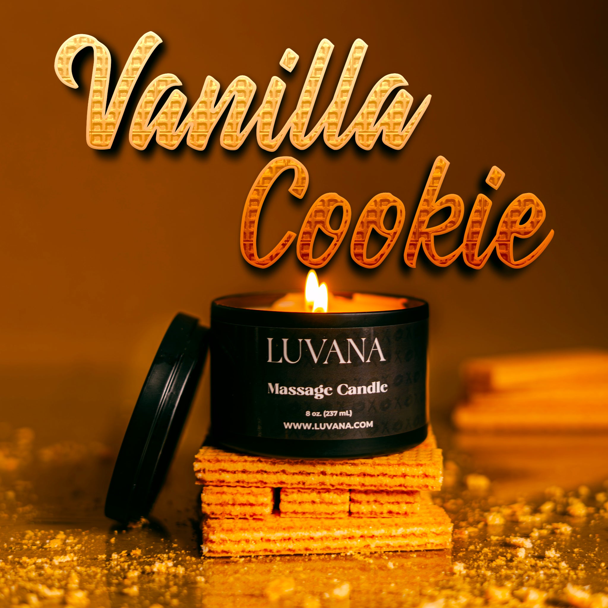 Lit Luvana Massage Candle in Vanilla Cookie scent on wafer cookies with crumbs, soy wax massage oil candle made in Puerto Rico.