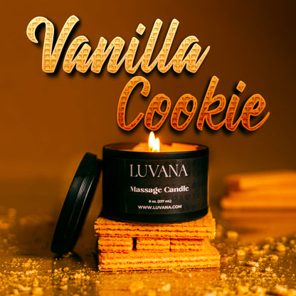 Lit Luvana Massage Candle in Vanilla Cookie scent on wafer cookies with crumbs, soy wax massage oil candle made in Puerto Rico.