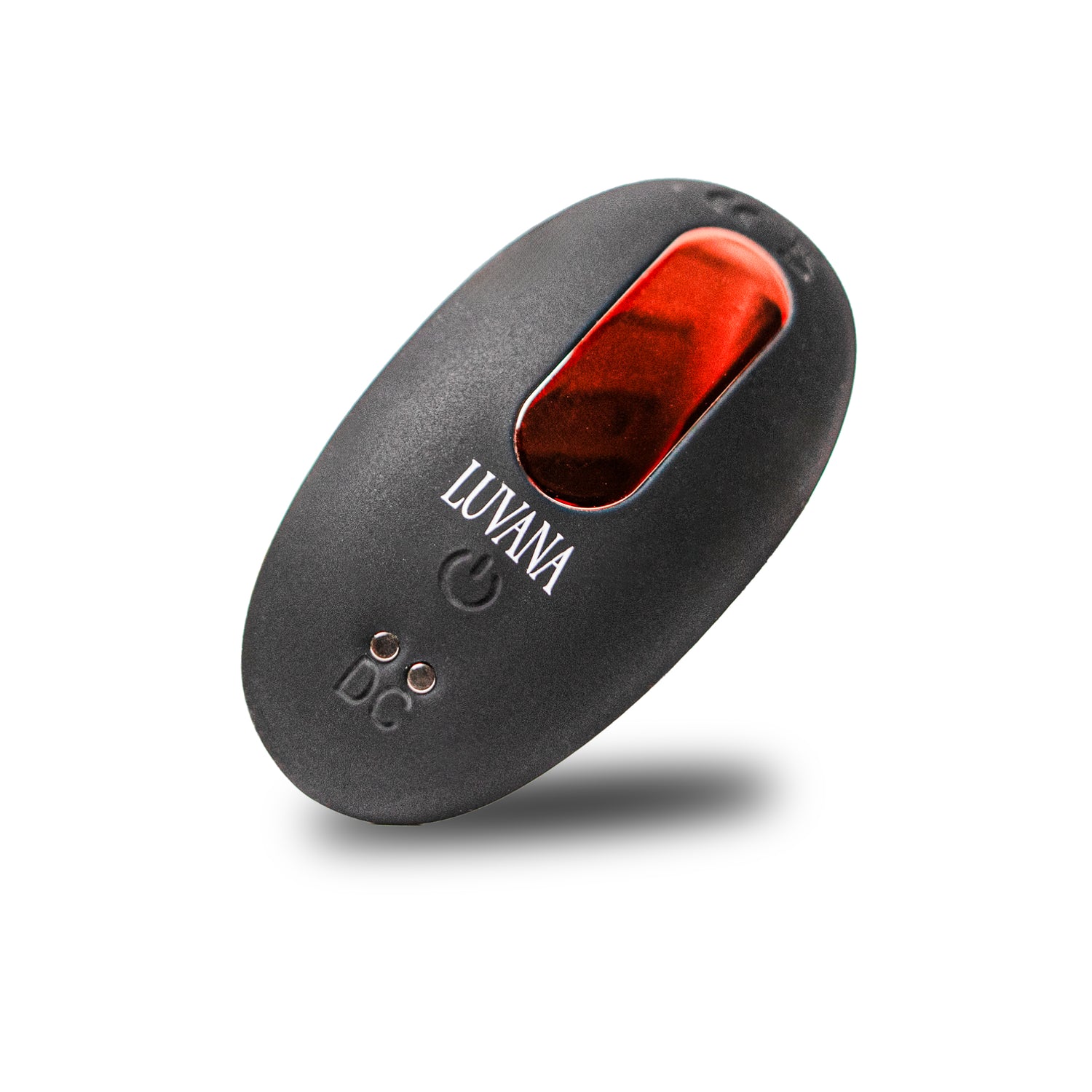 Luvana Velvet Kiss black remote control vibrator close-up with rose-gold accent, Luvana logo, and charging contacts