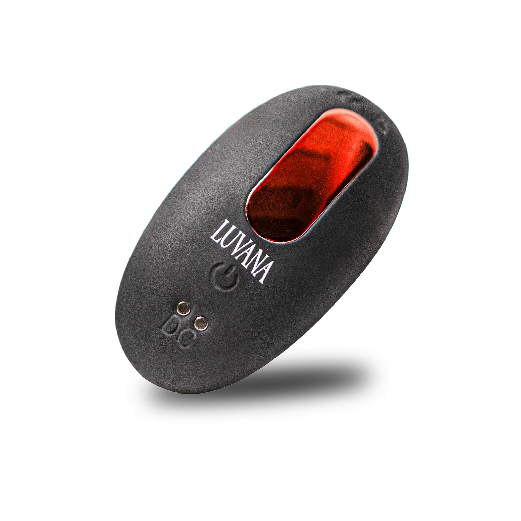 Luvana Velvet Kiss black remote control vibrator close-up with rose-gold accent, Luvana logo, and charging contacts