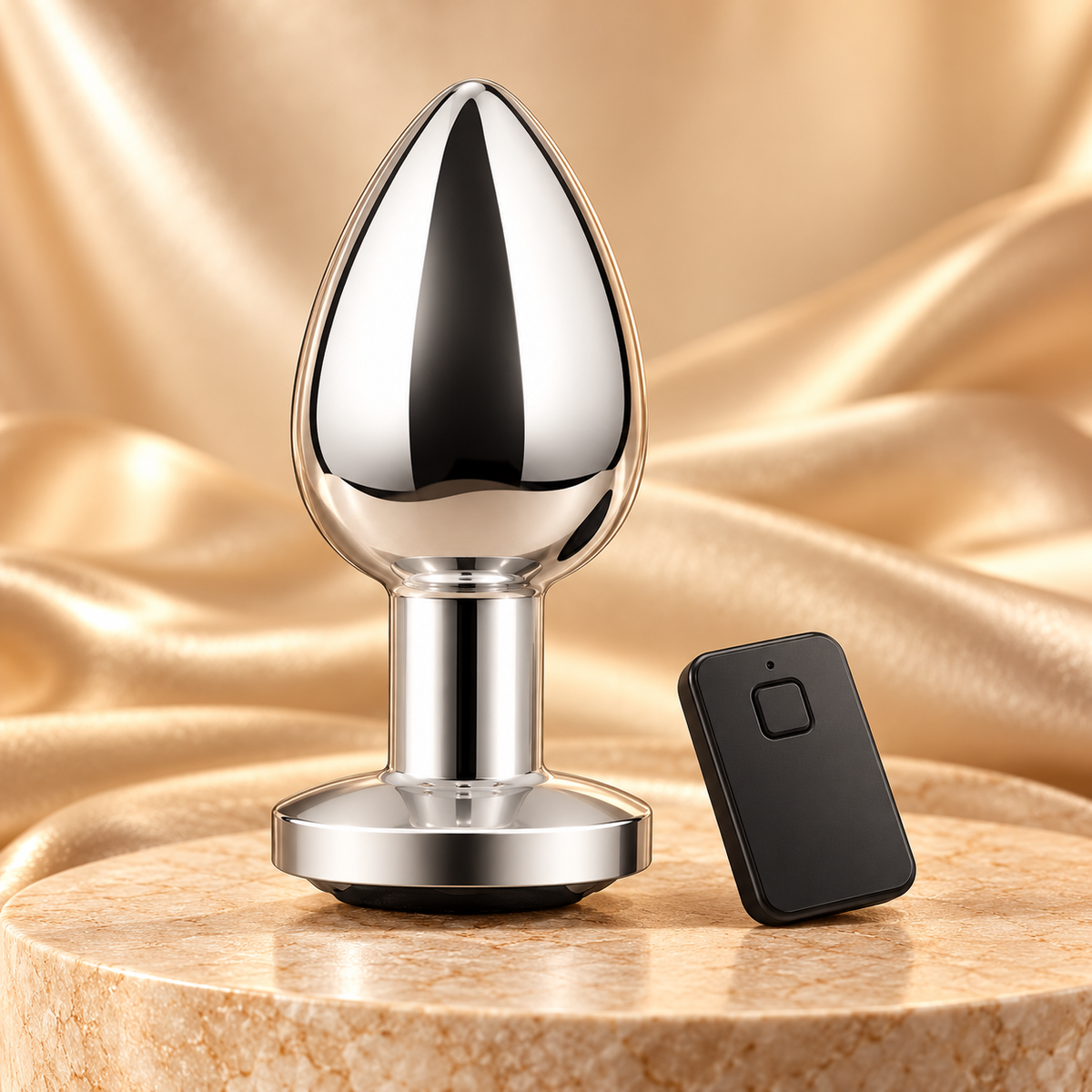 Chrome X silver vibrating anal plug and black wireless remote on champagne stone