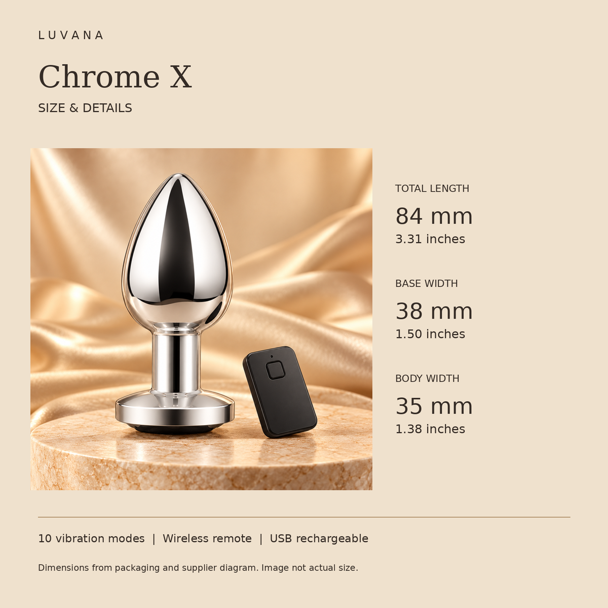 Chrome X dimensions: 84 mm overall length, 38 mm base width, 35 mm body width