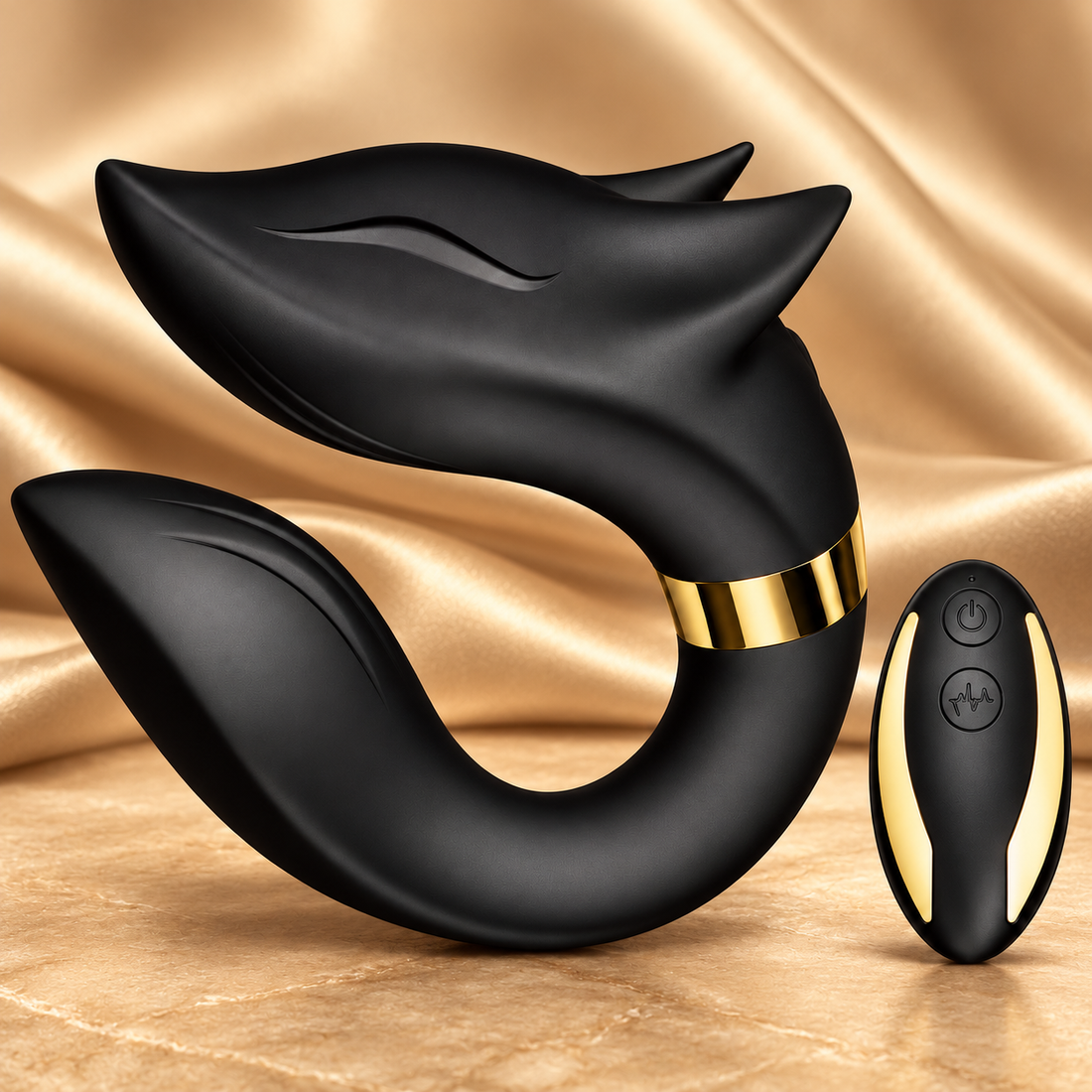 Foxy Flirt black and gold vibrator and remote on champagne satin and stone