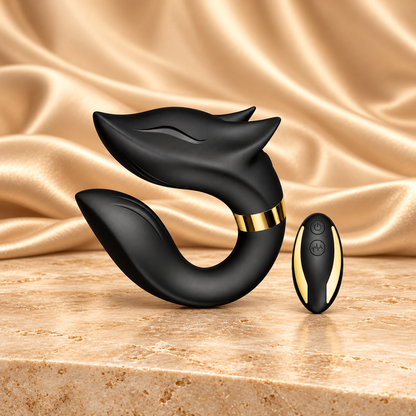 Foxy Flirt black and gold vibrator and remote with space around both products