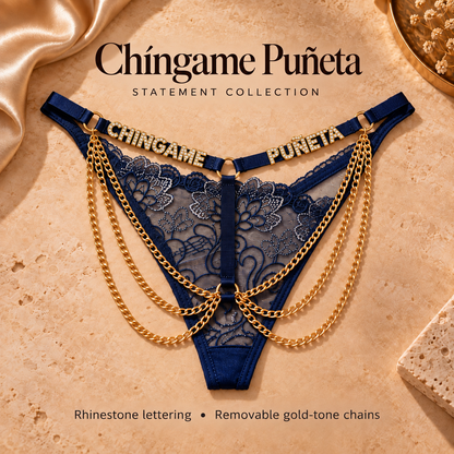 Navy Blue Chíngame Puñeta lace statement panties with rhinestone lettering and gold-tone chains