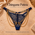 Navy Blue Chíngame Puñeta lace statement panties with rhinestone lettering and gold-tone chains