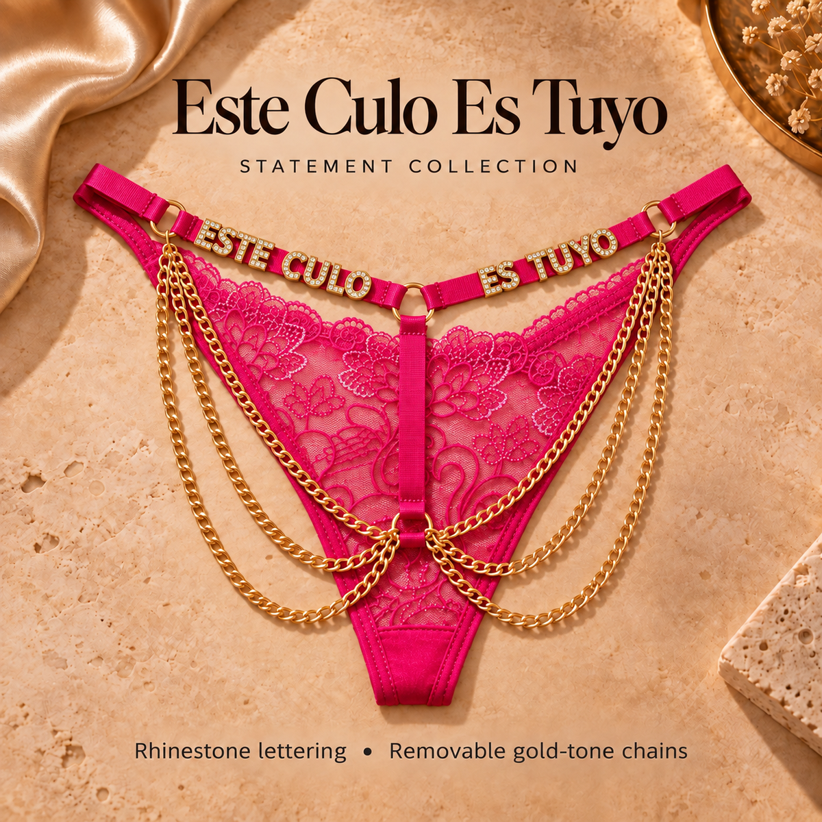 Hot Pink Este Culo Es Tuyo lace statement panties with rhinestone lettering and gold-tone chains