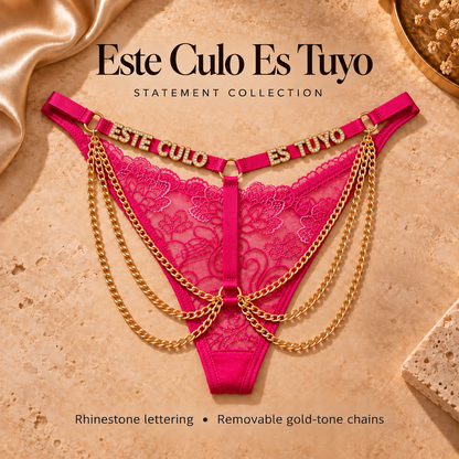 Hot Pink Este Culo Es Tuyo lace statement panties with rhinestone lettering and gold-tone chains