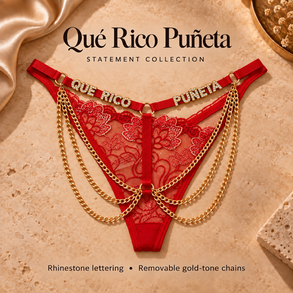 Qué Rico Puñeta — red Statement Collection panties with rhinestone lettering and removable gold-tone chains