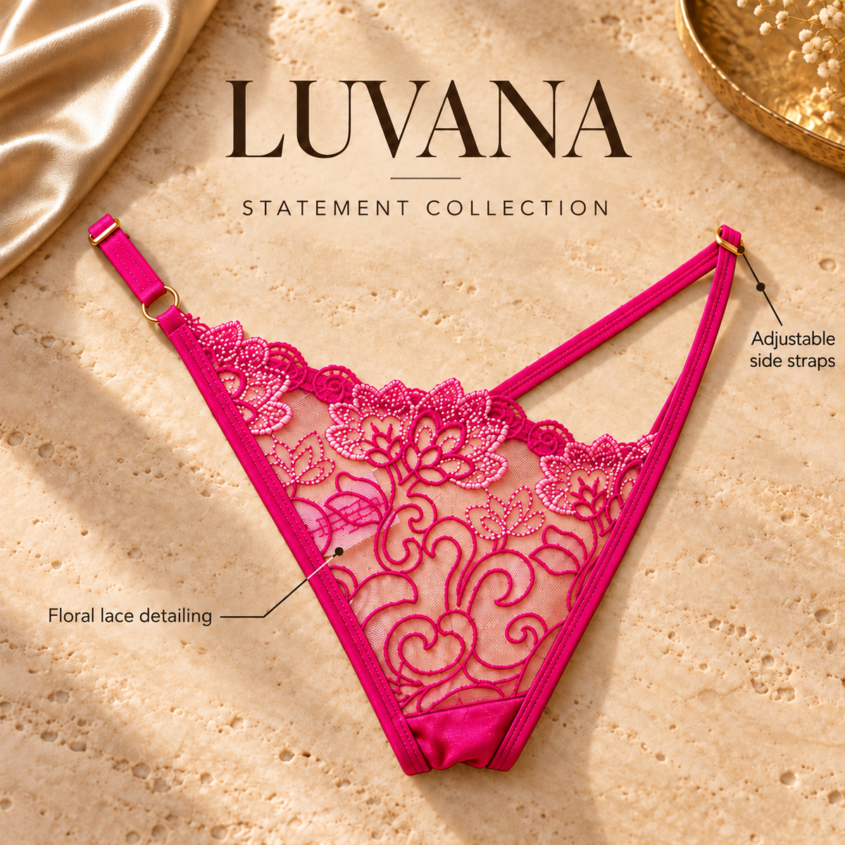 Luvana statement panties front view in hot-pink, floral lace and adjustable straps