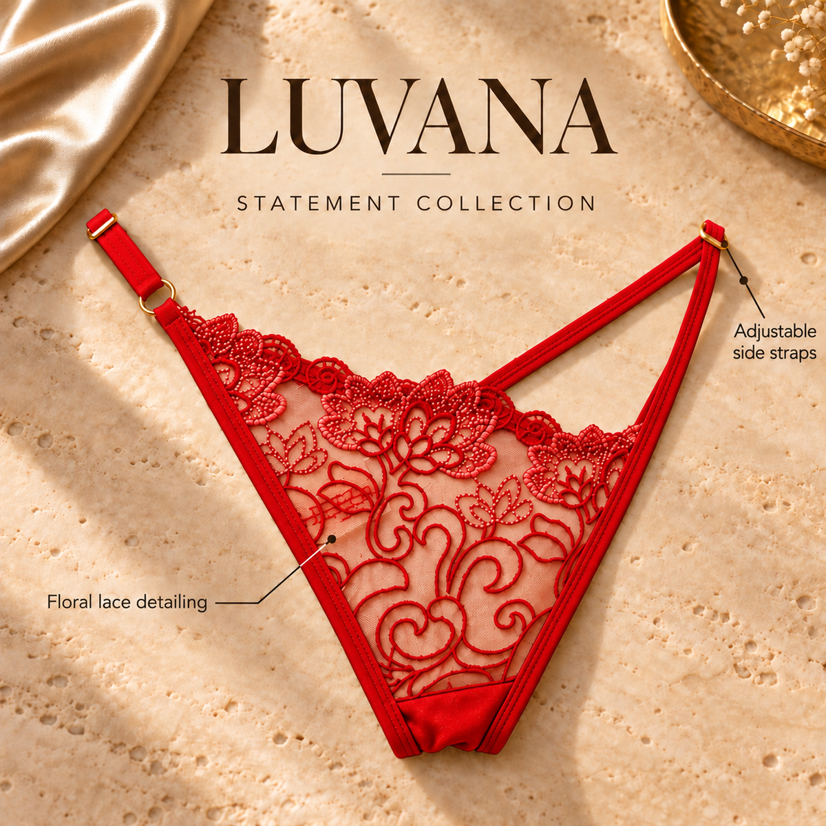 Luvana statement panties front view in red, floral lace and adjustable straps