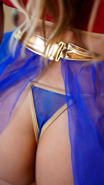 Power &amp; Passion Heroine Costume blue panty, gold waistband and sheer skirt – close-up